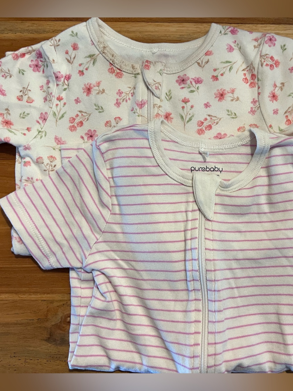 Purebaby White with Pink Stripes & Pink Floral Print Short Onesies